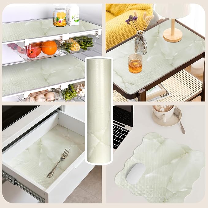 2-Layer Drawer and Shelf Liner for Kitchen Cabinet: 17in X 30Ft Non Slip | Waterproof Shelf Paper Non Adhesive Refrigerator Liners Cyan Marble Easy Liners for Bathroom with Knife Tape Measure - Image 9