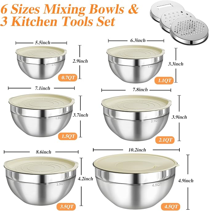 4-Pack Fruit Storage Containers for Fridge with Removable Colanders and 6 PCS Stainless Steel Mixing Bowls with 3 Grater Attachments, Kitchen Food Storage Organizers Nesting Mixing Bowl - Image 9