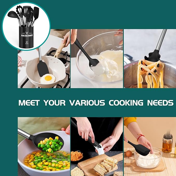 Silicone Cooking Utensil Set, Umite Chef 15pcs Silicone Cooking Kitchen Utensils Set, Non-stick - Best Kitchen Cookware with Stainless Steel Handle - Black Kitchen Utensils - Image 6