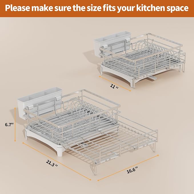 Laveshop Dish Drying Rack, 304 Stainless Steel Expandable Dish Drainer for Kitchen Counter, Space-Saving with Utensil Holder, Gray - Image 6