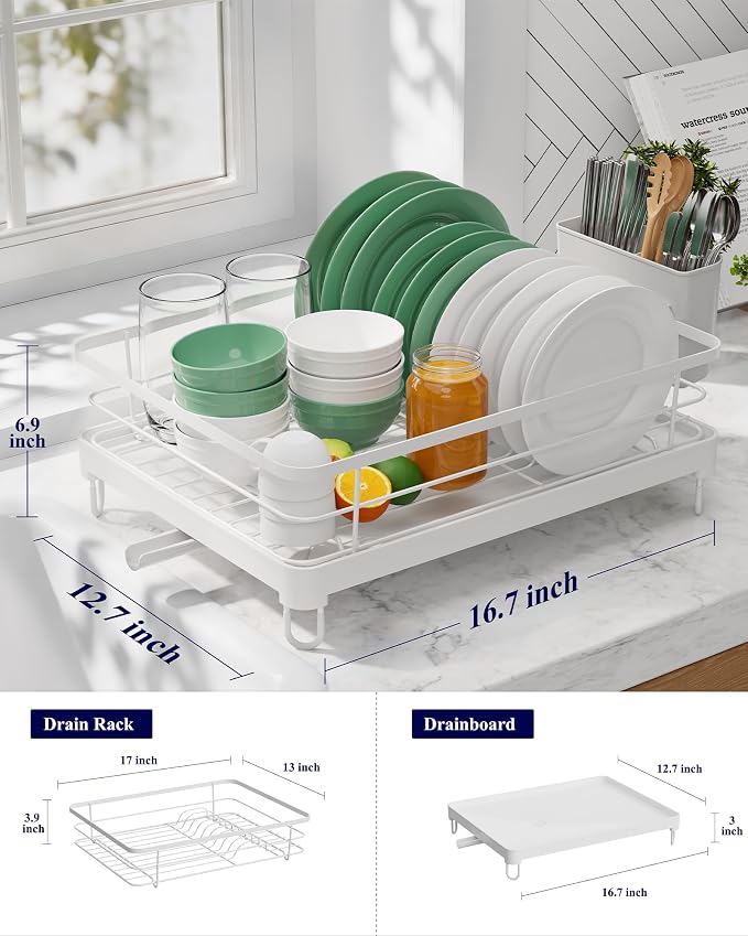 Kitsure Dish Drying Rack for Kitchen Counter, 12.7''W x 16.7''L, White | Stainless Steel Sink Organization, Cutlery Holder, Home and Appartment Decor - Image 3