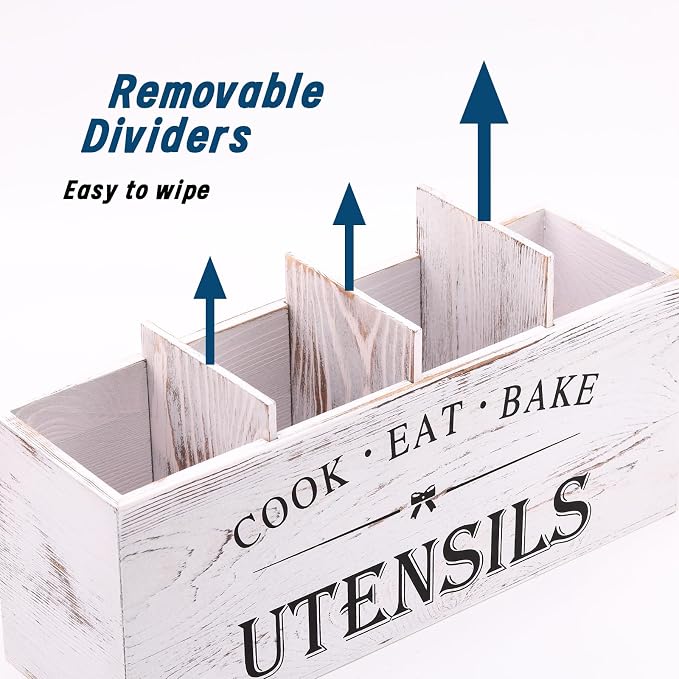 Kitchen Utensil Holder for Counter or Countertop, Extra Large Wood Organizer with 4 Compartments, Wooden Storage for Cooking and Silverware, Rustic Minimalist Decor, Sturdy Utensil Crock-White - Image 7