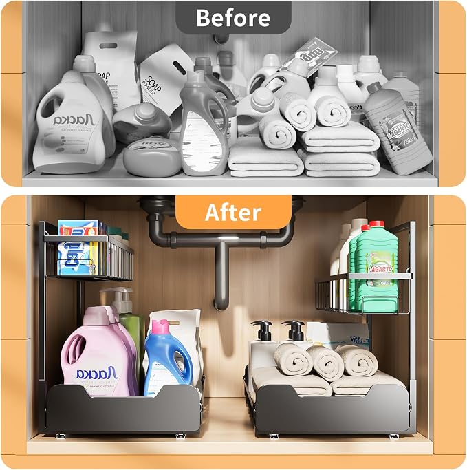 Under Sink Organizer, 2-Tier L-Shaped Pull Out Cabinet Shelf with 2 Installation Methods, Adjustable Sliding Storage Drawer for Kitchen, Bathroom, Laundry, Metal, Black - Image 8