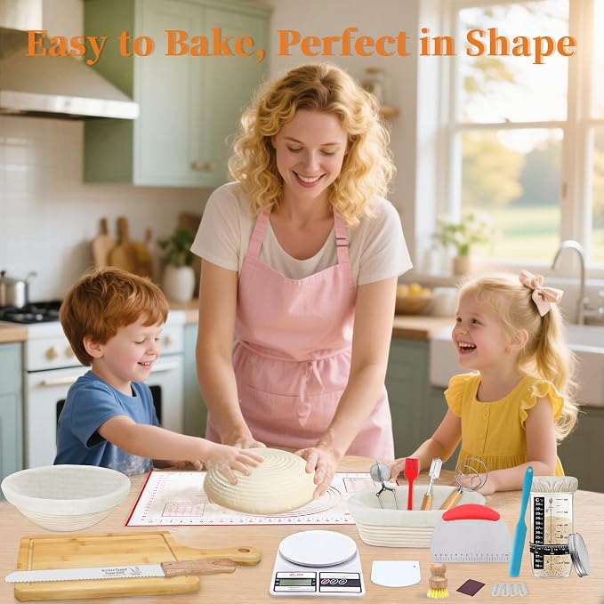 Aliggbent 40Pcs Sourdough Starter Kit, Banneton Proofing Baskets, Scale Jar | Bread baking supplies cutting board knife, 24oz digital, round oval, danish whisk lame sling scraper bags dough tools liners - Image 6