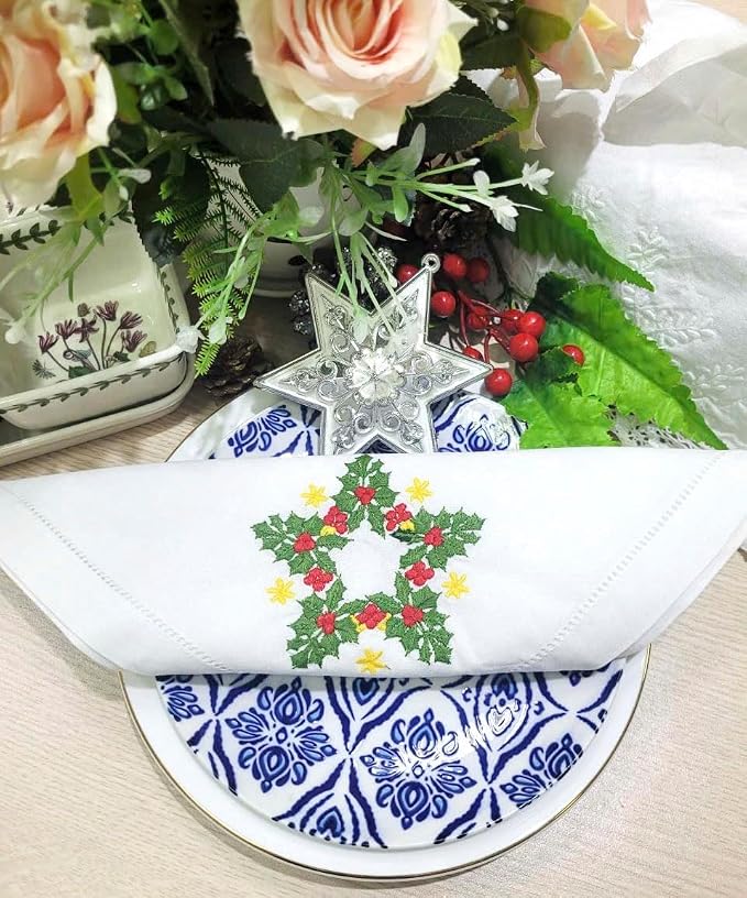 Embroidered Cloth Napkin Holly Star Christmas Cotton Napkins Set of 6, 20 x 20 Hemstitch Table Napkins, Machine Washable, Daily & Holidays, Great Gift Ideas - Image 7