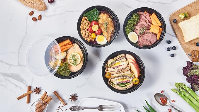 Jaluxing 32 oz 150 ct Round Meal Prep Containers with Lids Plastic Food Storage Lunch Plan To Go Box Disposable Take Out Bowl Black BPA Free Reusable Stackable Microwave Freezer Safe (Formerly FULING) - Image 7