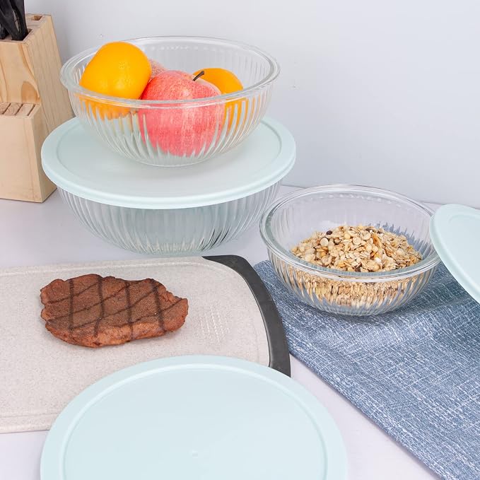 Luvan Glass Mixing Bowls with Lids Set(3.7QT, 2.1QT, 1.1QT),3PC Glass Nesting Bowl, Large Salad Bowls Sets with lids,Clear Cooking Bowl for Kitchen Prep,Food Storage,Baking,Microwave and Oven Safe - Image 7