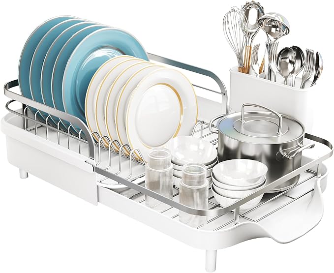 SNTD Expandable Dish Drying Rack for Kitchen Counter, 15.2-22.1 in, White | Rust-Resistant Stainless Steel, Protective Side Rails, Self-Draining Drainboard, Removable Utensil Holder - Image 8