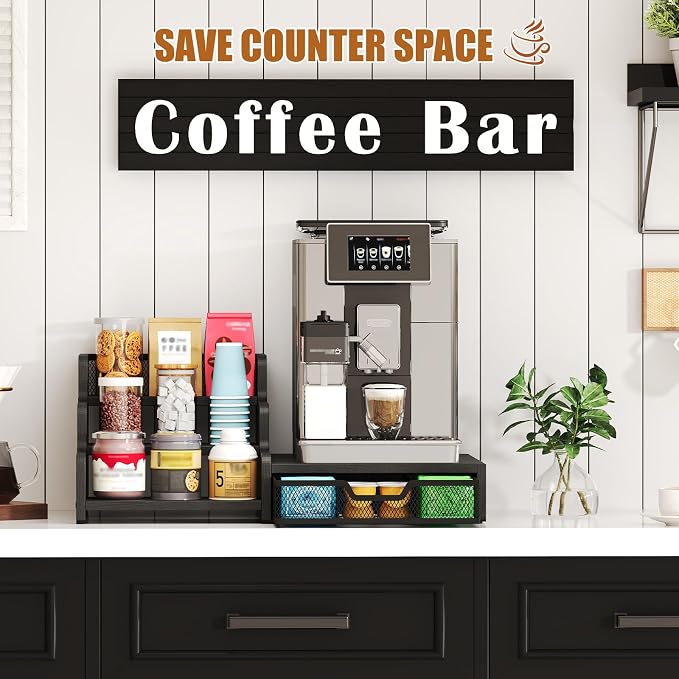 Coffee Station Organizer, 28-Pod K-Cup Holder, Coffee Bar Organizer Black | Coffee Pod Holder Drawer for Countertop,3-Tier Coffee Pod Organizer Stores Pods, Syrups, Cups & Coffee Accessories - Image 8