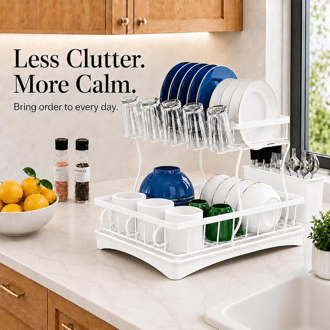 Dish Drying Rack for Kitchen Counter, 2 Tier Stainless Steel Sinkside Dish Racks with Drainboard Set, Stainless Steel Rustproof Dish Drainer with Drainboard, Kitchen Removable Cutlery Holder, White - Image 7