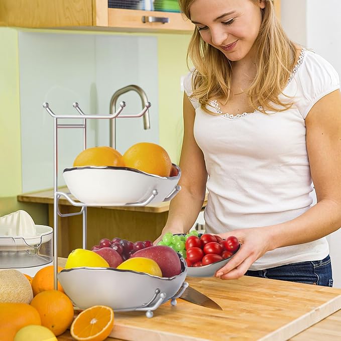 LIJINGCHEN 3 Tier Fruit Bowl for Kitchen Counter, Modern Ceramic Fruit Stand for Countertop, Home Fruit Rack with Holder, Vegetable Bowl Snacks Nuts Bread Candy Storage (Sliver) - Image 8