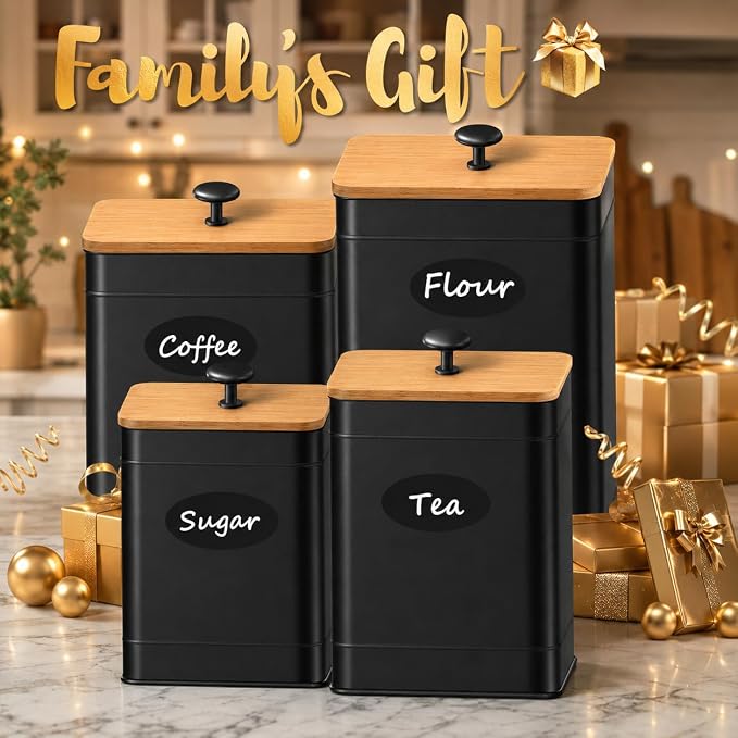 Kitchen Canister Set of 4, Black Airtight Metal Flour Sugar Containers | 4 Practical Capacities, Flat Bamboo Lids, Wide Openings, Reusable Chalkboard Labels & Marker, Countertop and Pantry Organized - Image 7