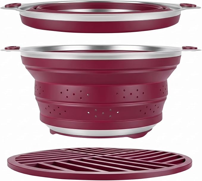 Collapsible Colander Set with Silicone Mat,2-in-1 Stainless Steel Colander for Kitchen, Foldable Metal Colander, Space-Saving for Pasta Veggies Fruit(PERSIAN RED) - Image 9
