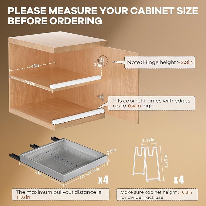 Seinloes 4 Pack Pull out Cabinet Organizer 21"Deep With Raising Pad for Framed Cabinets, Expandable Slide out Drawers for Kitchen Cabinets with 4pcs Divider Racks,Roll out Shelves 12.1"-20.4" W Silver - Image 2