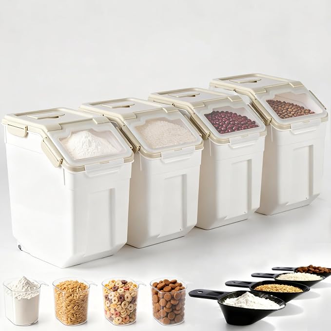 RUIAN 25lb Flour Rice Storage Containers Bin, Large Airtight Storage Container with Wheels Seal Locking Lid, with Measuring Cup&Scoop for Flour, Rice, Grain(Gray 4PCS) - Image 9