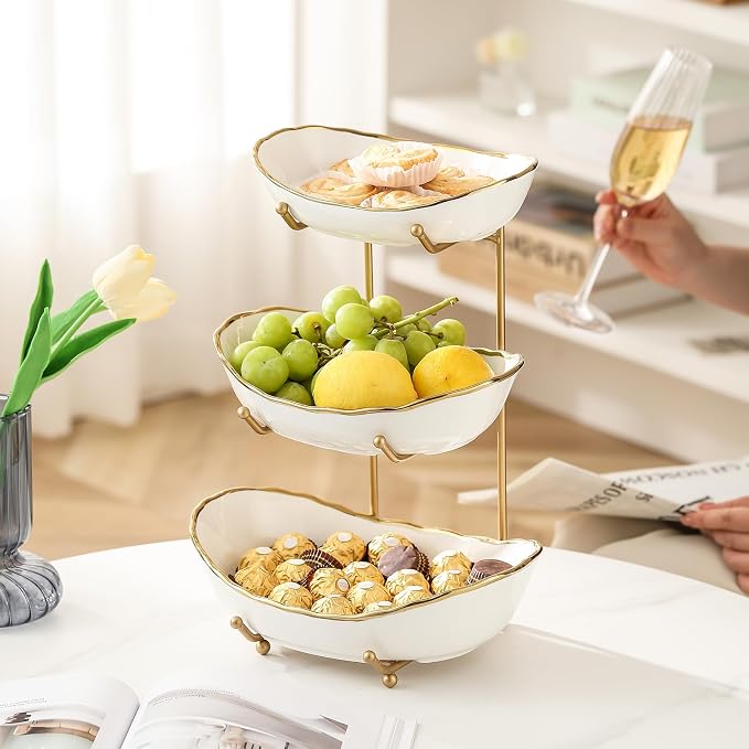 Ceramic Fruit Bowl for Kitchen Counter - 3 Tier Fruit Basket with Metal Stand, Tiered Fruit Stand for Countertop, Snack, Nuts, Cake, Dessert, Cute (Gold-rimmed, Small) - Image 7