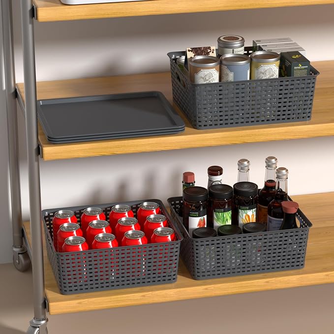 Hespama 6 Packs Grey Lidded Organizer Baskets, Stackable Storage Basket | Plastic Weave Basket for Shelves Cabinets Desktops - Image 7