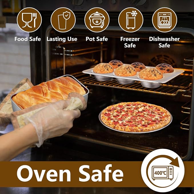 P&P CHEF 12-Piece Bakeware Set, Stainless Steel Baking Pans Set for Cooking | Non-toxic & Easy Clean, Includes Baking Sheet with Rack, Cake, Lasagna, Loaf, Muffin, Pizza Pan & 2 Covers, Oven Safe - Image 7