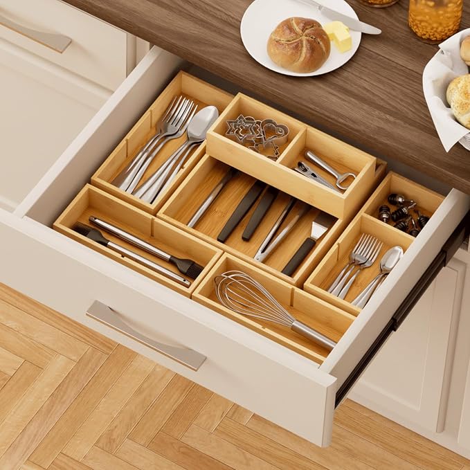 Lifewit Drawer Organizers 10 Pack(22 Grid) with 12 Inserts | Adjustable Bamboo Wooden Trays for Utensils, Silverware, Makeup, Kitchen, Bathroom, Office, Vanity Storage - Image 9
