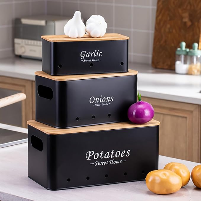 Kitchen Vegetable Storage Tins Set Of 3, Potato Onion Garlic Canisters | Storing potatoes, onions, and garlic. Features aerating holes to keep vegetables fresh and wooden lids for a stylish look - Image 9