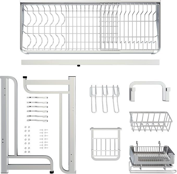 LIVOD Over The Sink Dish Drainer Drying Rack, 2 Tier Full Stainless Steel Storage Adjustable Length Kitchen Rack, Multifunctional Expandable Counter Organizer, Space Saver Dish Rack - Image 9