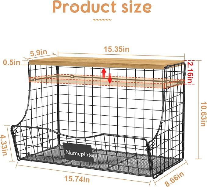 3 Pack Extra Large Fruit Basket for Kitchen with Wood Lid Nameplate - Counter&Wall Mounted Onion and Potato Storage Bin, Stackable Metal Hanging Wire Baskets,15.74 * 8.66 * 10.63 inch - Image 7