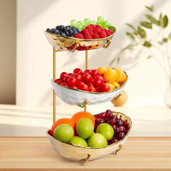 LIJINGCHEN 3 Tier Fruit Basket for Kitchen Counter, Modern Ceramic Fruit Bowl with Gold Metal Stand, Tiered Fruit Tray for Countertop, Snacks, Nuts, Cakes, Desserts, Candy - Image 8