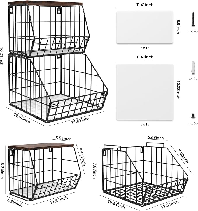 Wawocs 2 Tier Stackable Wall Mounted Hanging Basket, Fruit Basket for Kitchen Counter, Storage Bin with Wood Lid, Onion Storage, Fruit and Vegetable Storage, Countertop Organizer - Image 8