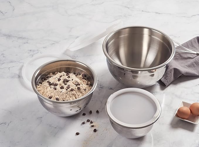 Le Creuset Stainless Steel Nested Mixing Bowls with Plastic Lids, Set of 3 | Set of 3: 1.5 qt., 3 qt., and 5qt., Non-Slip Silicone Base - Image 7
