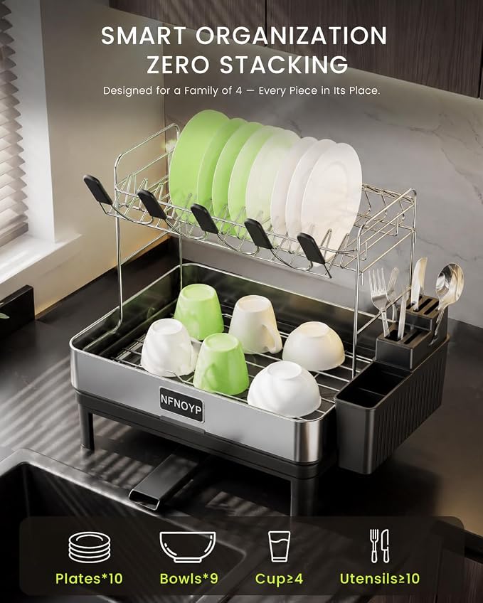 Dish Drying Rack, 2 Tier 304 Stainless Steel Dish Rack and Drainboard Set, Rustproof Dish Drainer with Anti-Pooling Automatic Drainage, Large Capacity Kitchen Counter Organizer, Black - Image 4