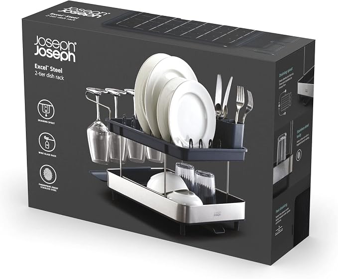 Joseph Joseph Dish Drying Rack with Wine Glass Holder - Space-Saving 2-Tier Design with Fast Draining System - Image 6