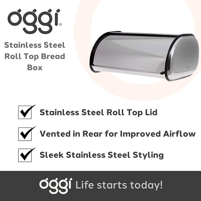 Oggi Stainless Steel Roll Top Bread Box for Kitchen Countertop with Stainless Steel Lid - Fits Multiple Large Loaves of Bread and Other Freshly Baked Goods Including Cookies, Bagels, Muffins - Image 7
