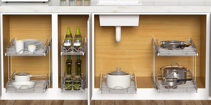 OCG 2 Tier Pull Out Cabinet Organizer (7.5" W x 21.5" D), Pull Out Drawers for Kitchen Cabinets, Pull Out Shelves for Base Cabinet Organization in Kitchen Bathroom Pantry, Chrome Finish - Image 8