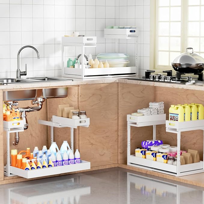 Upgrade 1 Pack Expandable Under Sink Organizer: 2-Tier Pull Out Cabinet with 3 Heavy-Duty Ball-Bearing Slide Rails, Tool-Free Height Adjustable, Slide-Out Drawers for Kitchen, Bathroom, Laundry - Image 9