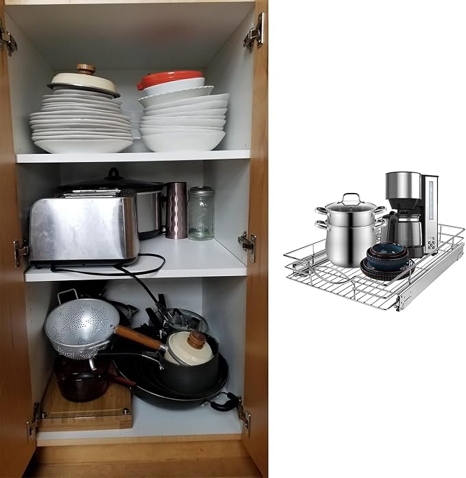 Sikarou Pull Out Cabinet Organizer 20" W x 21" D, Heavy Duty Kitchen Cabinet Pull Out Shelves, Slide Out Wire Basket for Kitchen Cabinets, Bathroom, Pantry, Chrome Finish - Image 7