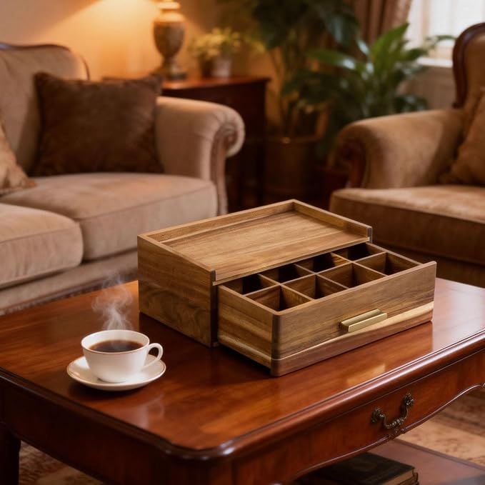 Acacia Wood Tea Bag Organizer with Drawer | Tea Organizers and Storage Box, Pull-Out Teabag Holder Container, For Countertop, Tea Station Chest - Image 6