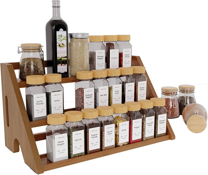 Bamboo Spice Rack Organizer -3-Tier Spice Rack for Countertop,Cabinet Spice Rack Organizer for 24 Spice Jars(4oz),Step Shelf (Walnut) - Image 8