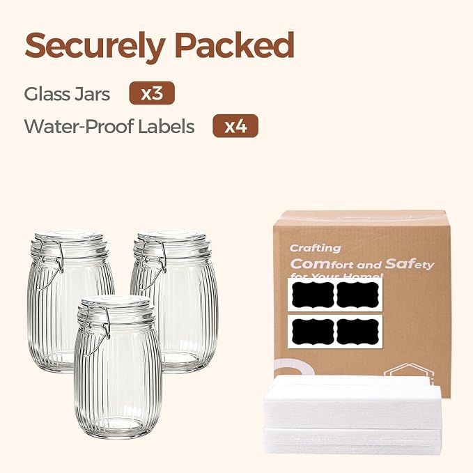 ComSaf Ribbed Glass Pantry Jars with Airtight Lids 34 oz 3 Pack Coffee | Flour sugar coffee beans, Fermenting pickling, Farmhouse pantry decor, Kitchen storage, Dry food storage, Sourdough starter - Image 8