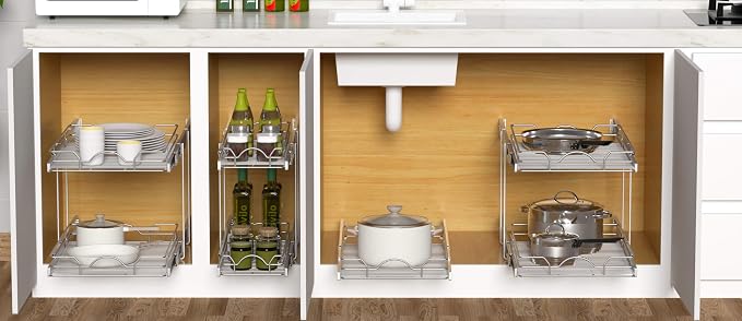 OCG 2 Tier Pull Out Cabinet Organizer (22.5" W x 21.5" D), Pull Out Drawers for Kitchen Cabinets, Pull Out Shelves for Base Cabinet Organization in Kitchen Bathroom Pantry, Chrome Finish - Image 7