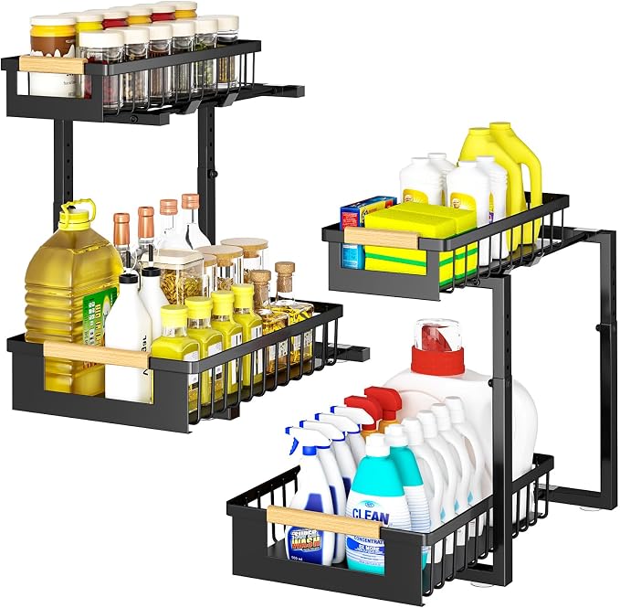 4 Pack L-Shape Under Sink Organizer, 2 Tier Pull Out Cabinet Organizer with 5-Level Adjustable Height, Double Sliding Metal Storage Rack for Kitchen Bathroom Pantry, Black - Image 9