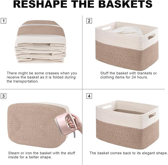 4 Pack Storage Baskets for Organizing, Woven Baskets for Shelves - Perfect for Toys, Books, Towels, and Clothes, Durable Gift Basket Bins Toy Storage, 15.7''Lx11.8''Wx7.8''H, Brown & White - Image 6