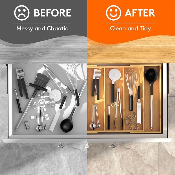 Lifewit Utensil Organizer for Kitchen Drawer, Expandable Cooking Utensil Tray, Cutlery Silverware Flatware Holder, Wood Adjustable Spatula Tools Storage Divider, 12.6-22.8x14/ 32-58x35.6cm, Natural - Image 10