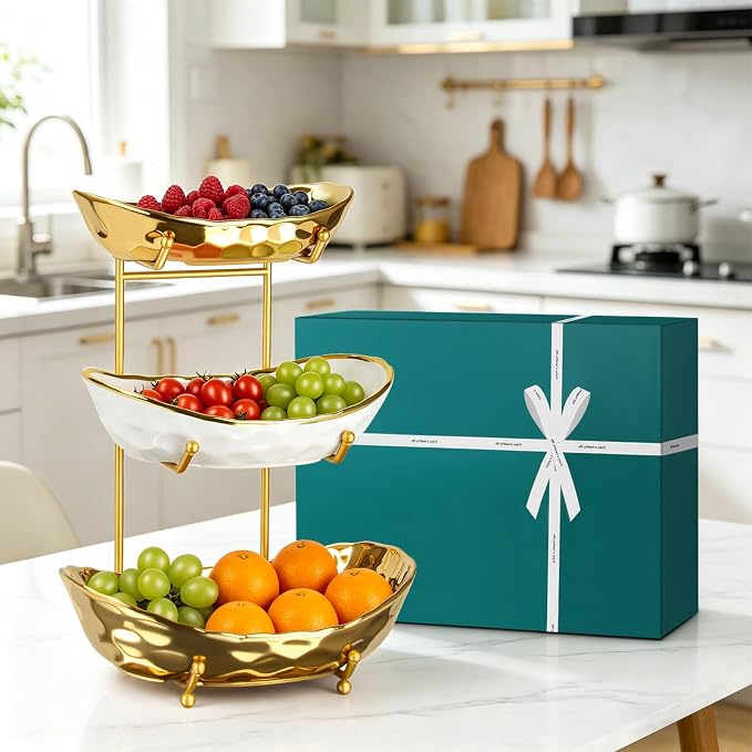 3 Tier Ceramic Fruit Bowl for Kitchen Counter, Tiered Fruit Basket Stand with Gold Metal Rack, Decorative Fruit Holder for Table, No Assembly Serving Bowls for Party Snacks & Housewarming Gift - Image 8
