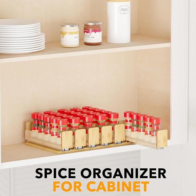 SpaceAid Bamboo Pull Out Spice Rack Organizer for Cabinet, Heavy Duty Slide Out Seasoning Kitchen Pantry Sliding Vertical Organization, 5.1" Wide, 2 Drawers(2" Wide), 1-Tier, Natural - Image 6