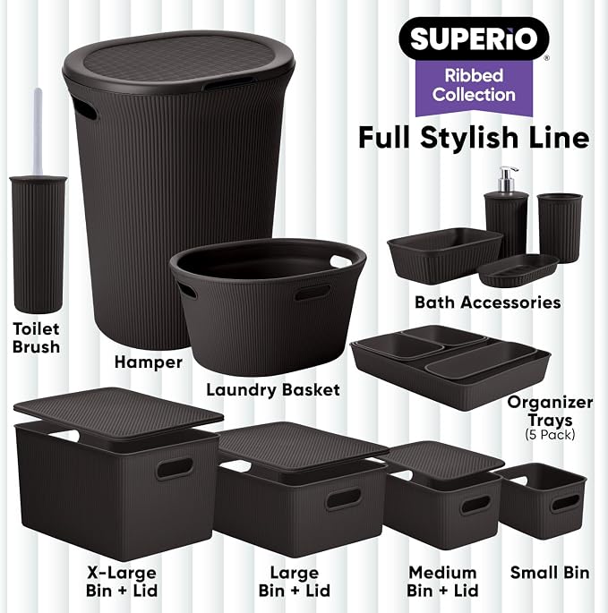 Superio Ribbed Collection - Decorative Plastic Basket Open Home Storage Bins Organizer, Brown (Set of 3) 1 Large, 2 Medium - Container Boxes for Organizing Closet Storage Bins for Shelves - Image 6