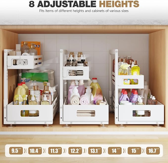 2 Pack 21IN-Depth Under Sink Organizer,Pull Out Cabinet Organizer With Smooth Cylindrical Rail,Metal Slide Out Drawer for Kitchen Bathroom Laundry,8-Level Tool Free Height Adjustable-White - Image 9