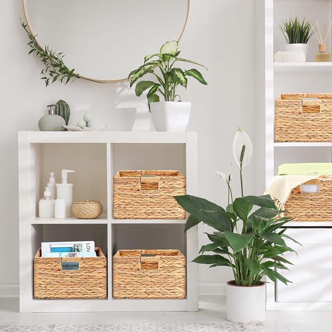 Jinei 12 Pcs Water Hyacinth Storage Baskets 13"x13"x8" Wood Color | Handwoven Wicker Bins with Handles, Wicker Baskets Bulk for Shelves Organizer Laundry, Closet Bedroom - Image 6