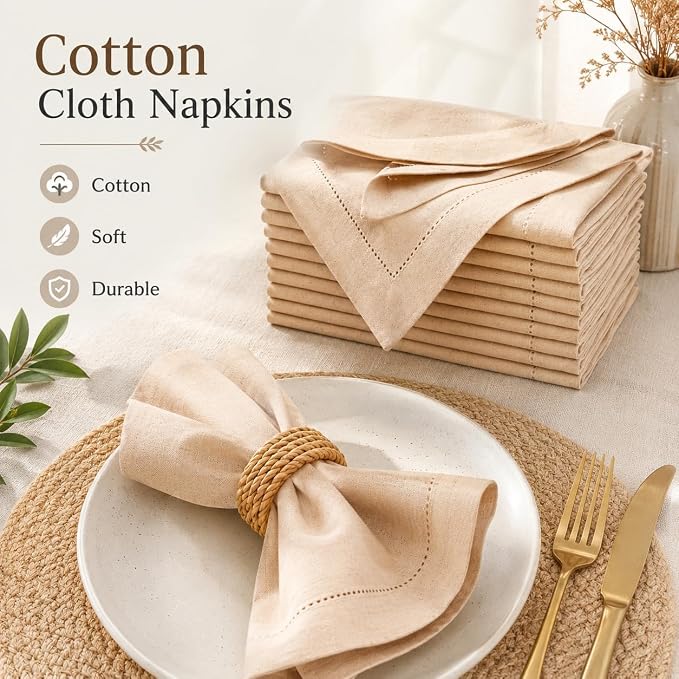 Linen Flax Cotton Cloth Dinner Napkins Set of 24-18x18 Natural Fabric with Hemstitched Mitered Corners - Machine Washable Wedding, Cocktail & Party Table Napkins - Natural - Image 9