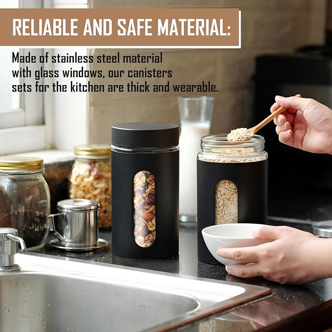 Patelai 6 Pack Kitchen Canisters Set Airtight Stainless Steel Canister Food Storage Container with Window Glass, Coffee Sugar Candy Jars Tea Organizer for Flour Cookies Spice (Black,32 oz) - Image 7