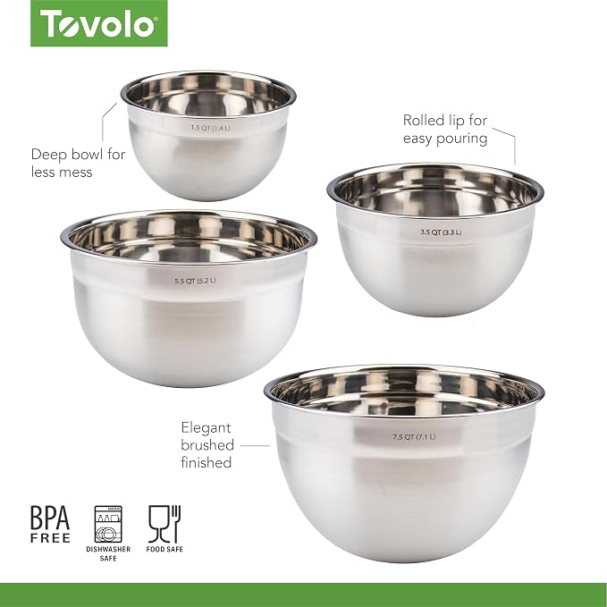 Tovolo Stainless Steel Mixing Bowls Set of 4 Small Medium Large XL Metal Bowl Set for Cooking Baking Prep, Dishwasher Safe Nesting Mixing Bowls Set, Freezer Storage and Mixer Safe Heavy Duty Bowls - Image 6